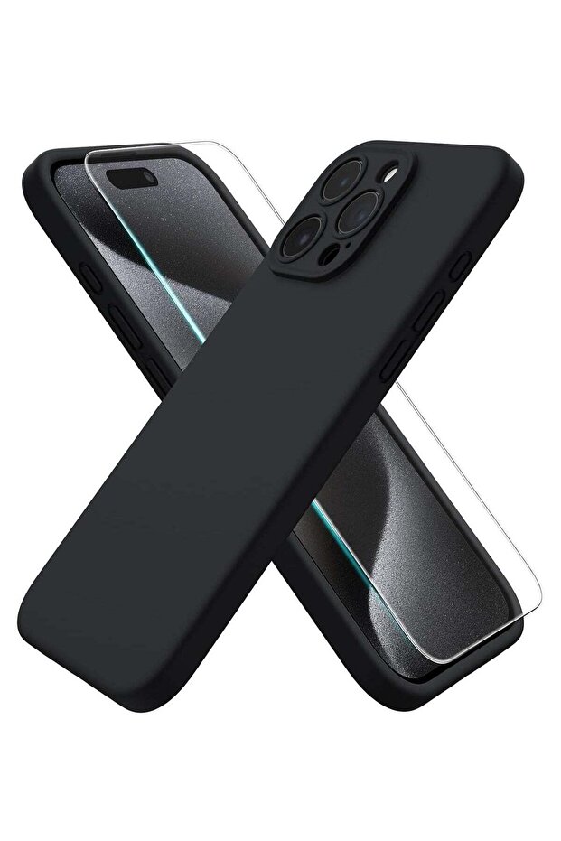 iPhone 15 Pro Max 6.7" Case – Black, Silky-Soft Liquid Silicone, Shockproof Rubber, Includes 1 x Screen Protector