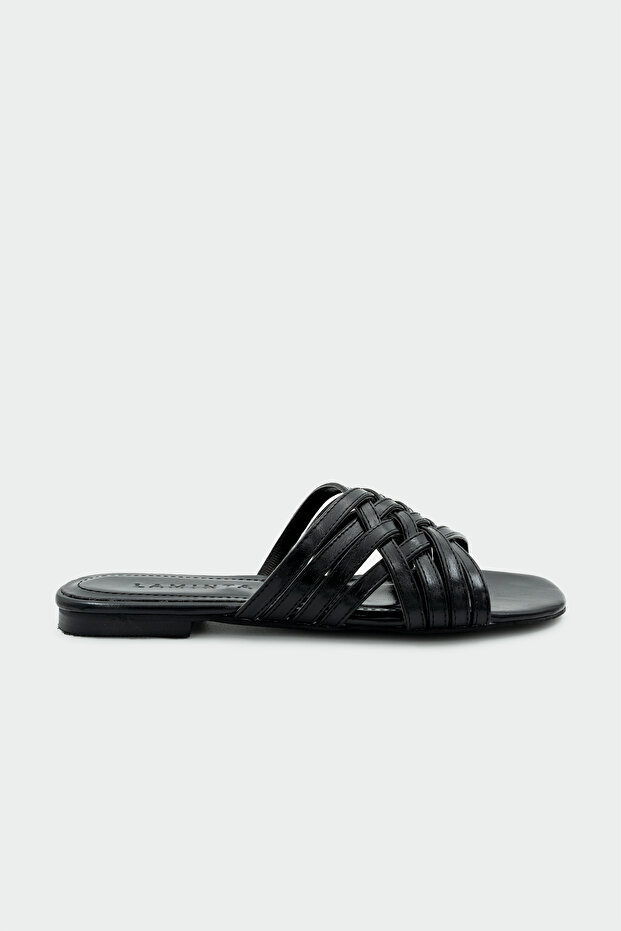 Sley Knitted Detailed Women's Black Flat Slippers