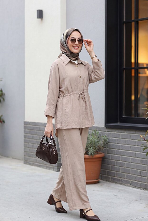 Cotton Crinkle Suit with Tunnel Lacing and Elastic Waistband Trousers - Light Mink