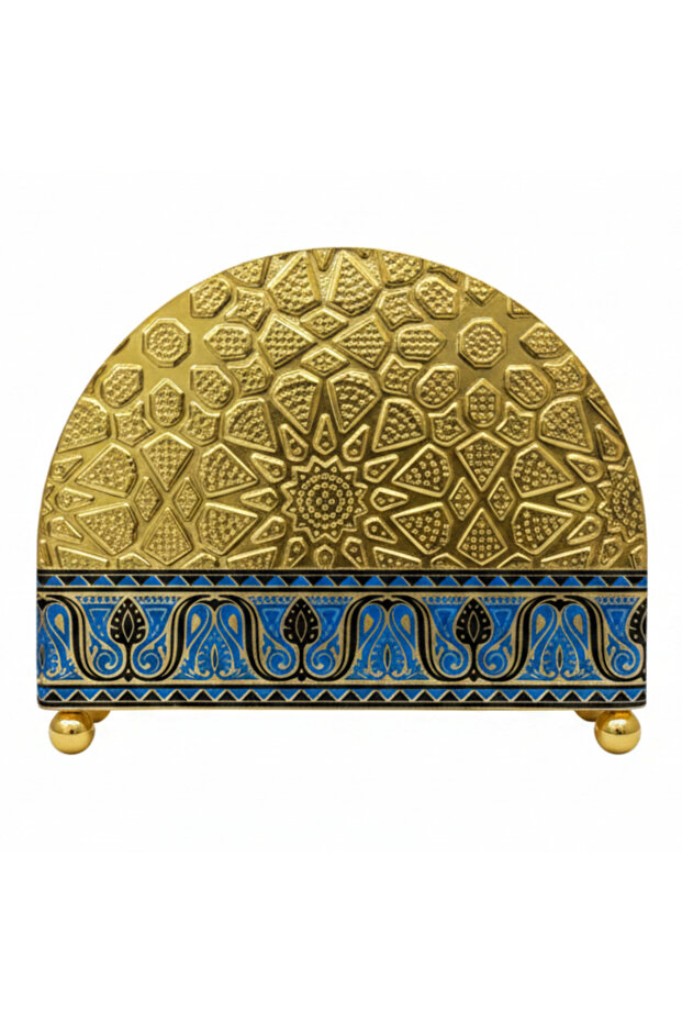Gold & Blue Enamel Metal Napkin Holder with Geometric Pattern | Decorative Table Organiser | 10×13 cm | Majlis & Fine Dining Décor
