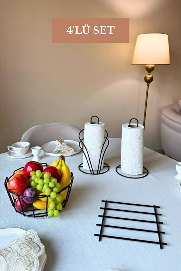 4-piece black swan kitchen set: napkin holder, standing paper towel dispenser, oval corner fruit basket, and trivet