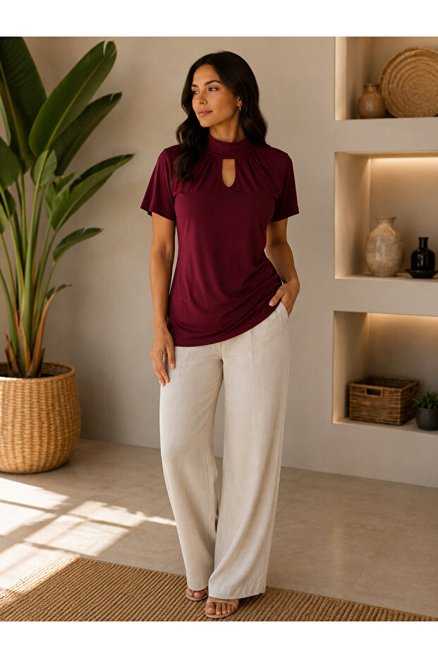 Women's Stand Collar Drop Detailed Short Sleeve Sandy Blouse