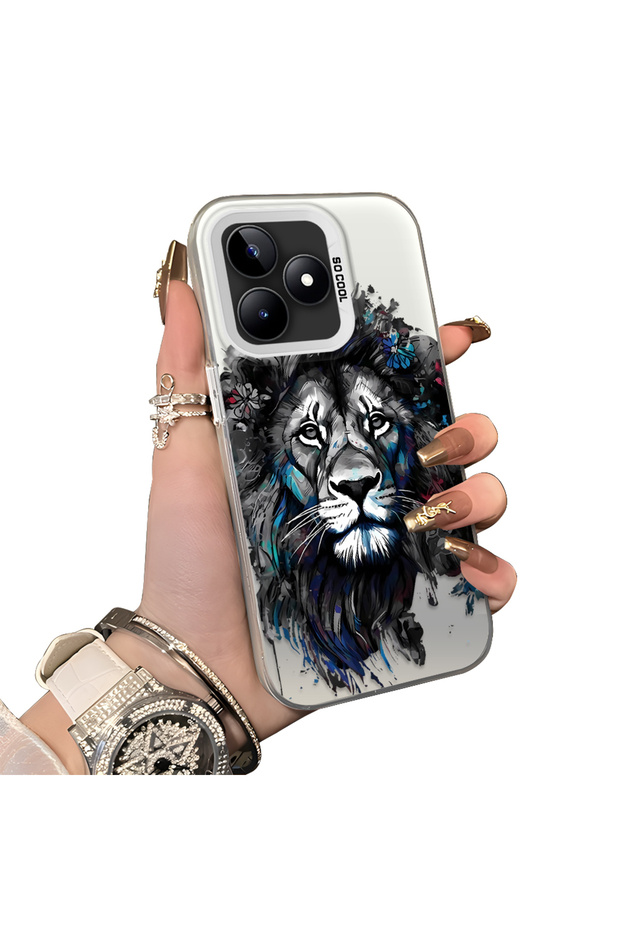 Realme C51 Compatible Silicone Edge Hard Back Case Couple Phone Case with Lion Pattern