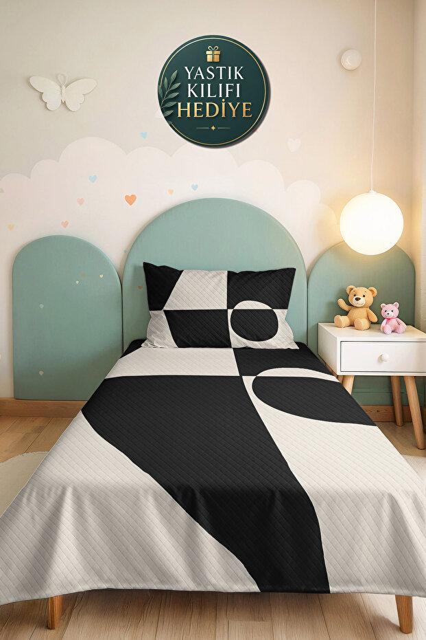 Black Geometric Modern Single Duvet Set - White Minimal 160X220 cm Seasonal Bedspread