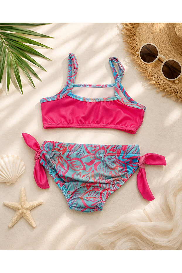 Girl's Tropical Patterned Ruffle Bikini Set Fuchsia Turquoise