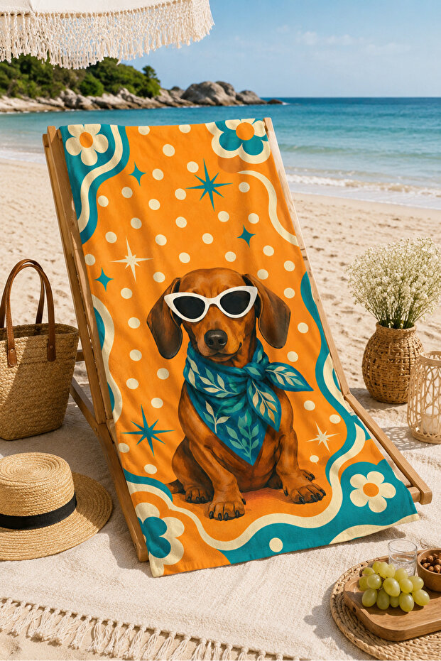 Dog with Glasses Retro Orange Patterned 70X150 Beach Towel, Soft Textured Sea Towel New Model