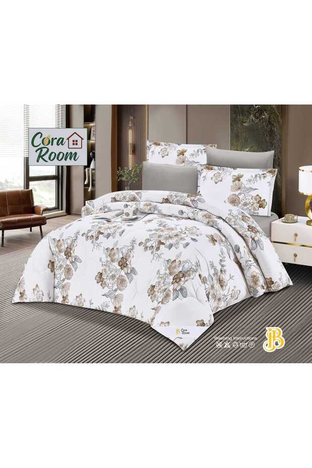 طقم مفرش سرير "Cora Room" بنقوش زهور باللونين البني والرمادي على خلفية بيضاء.