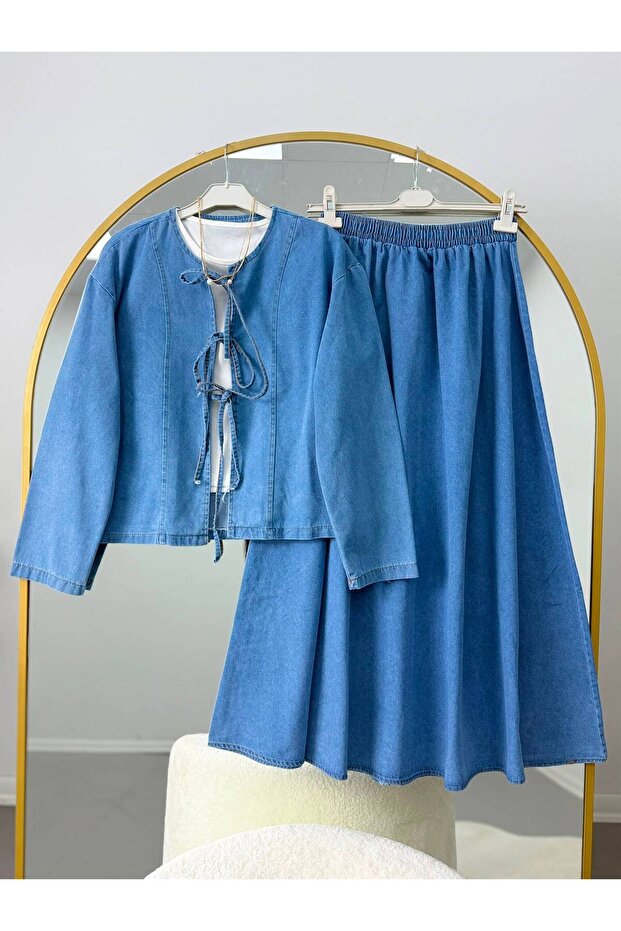 Front-Tie Denim Skirt Set