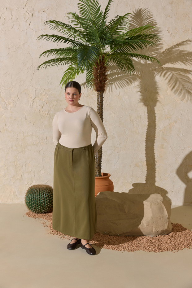 Khaki Belted Skirt with Epaulettes and Koza Logo Detail