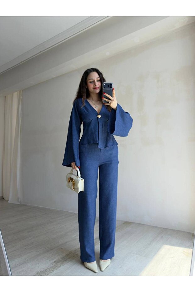 Indigo Spanish Sleeve Blouse Pants Women's Set
