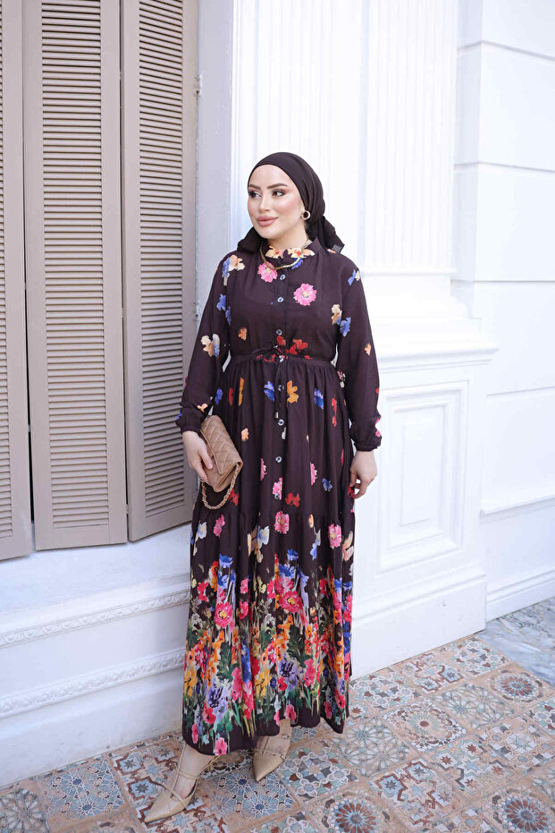 Brown Half-Buttoned Layered Dress with Elastic Sleeves
