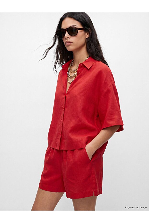 Lcw Vision Red Women's 100% Linen Shirt