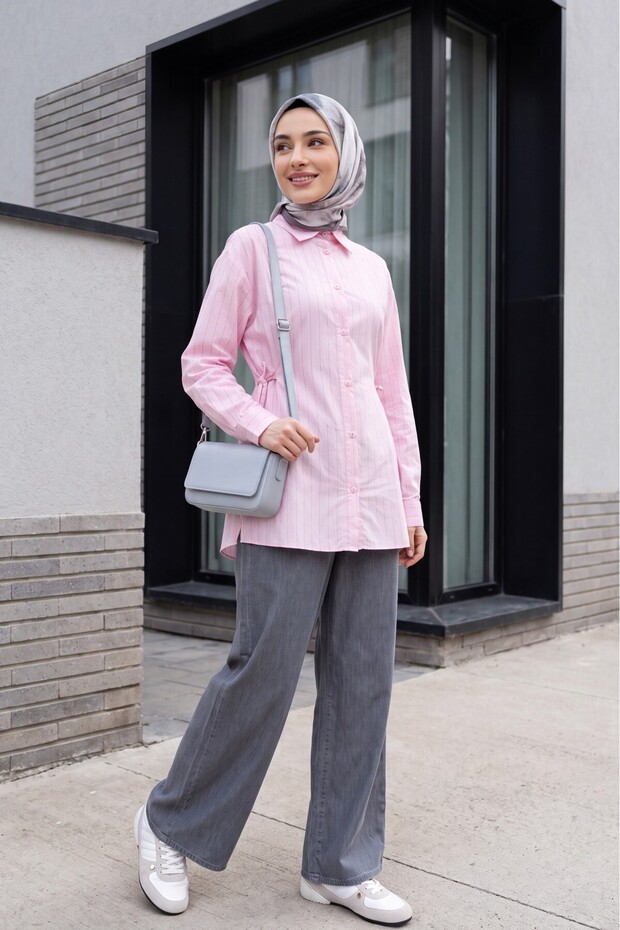 Striped Buttoned Modal Tunic with Side Laces - Pink