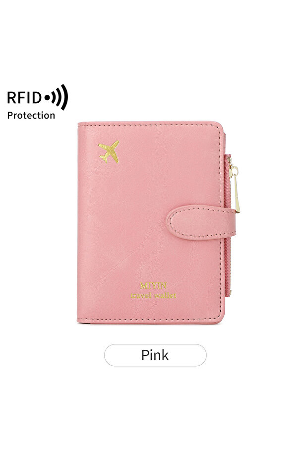 HZ725-Pink Airplane Pattern Passport Bag Multi Functional ID Card Bank Card RFID Passport Clip PU Le