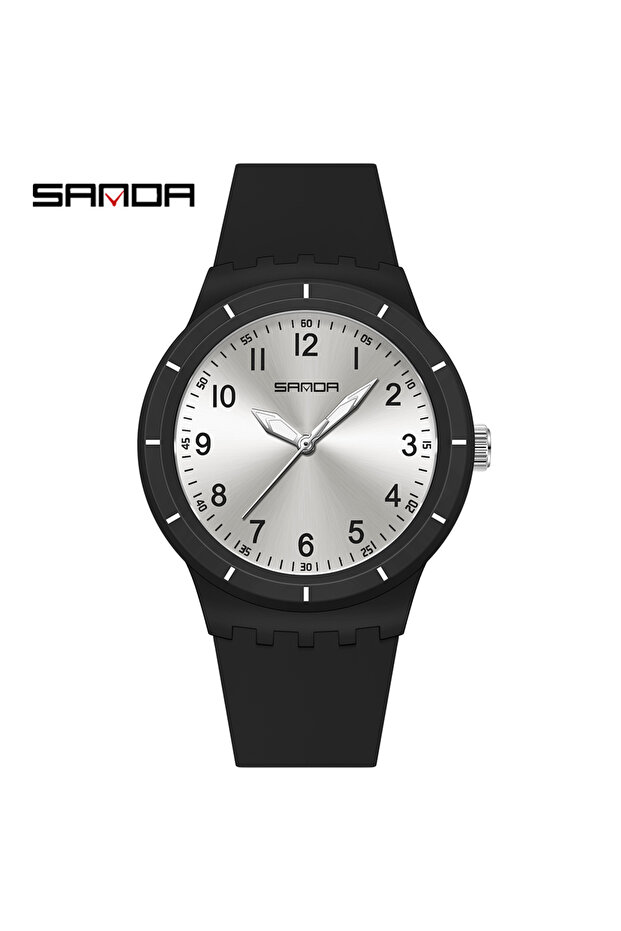 Black White SANDA New 9075 Fashion Student Quartz Watch Simple Waterproof Silicone Strap Night Light