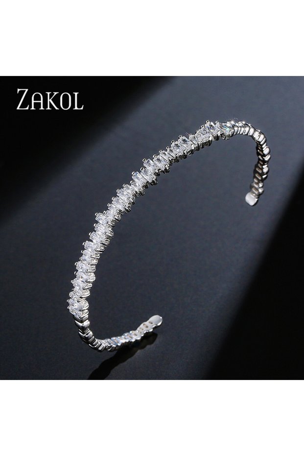 White ZAKOL Fashion Cubic Zirconia Cuff Bangles for Women Trendy Baguette Men Open Bracelet Party Je
