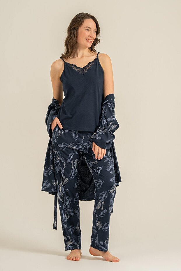 Women's Leaves Navy Blue Dressing Gown Set Pc9260-S-V1
