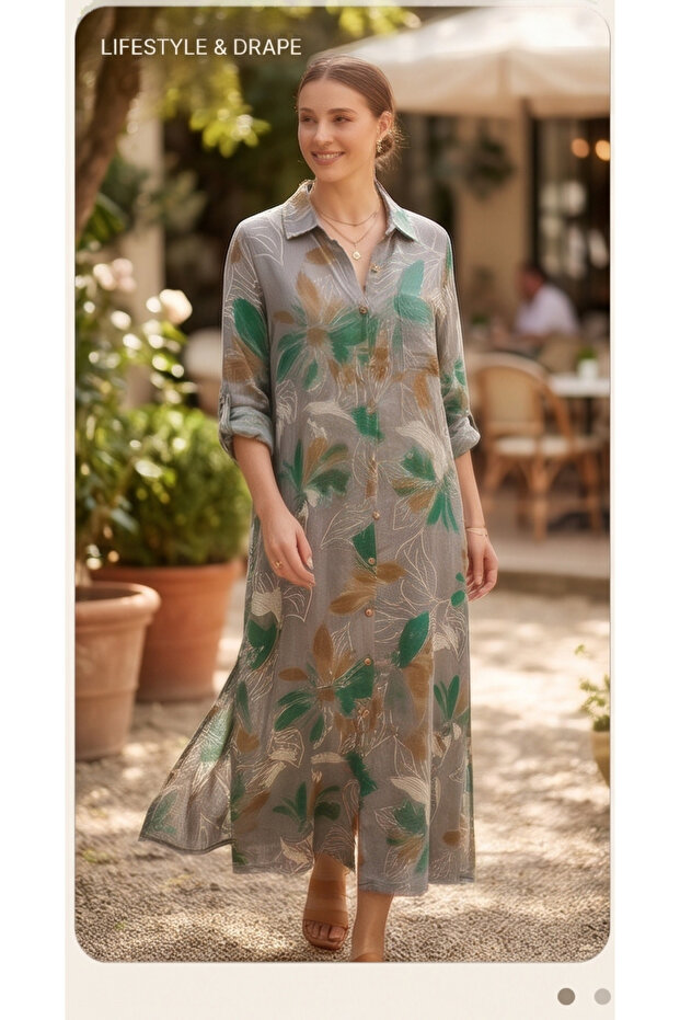 Women's Bohemian Asymmetrical Leaf Patterned Shirt Dress