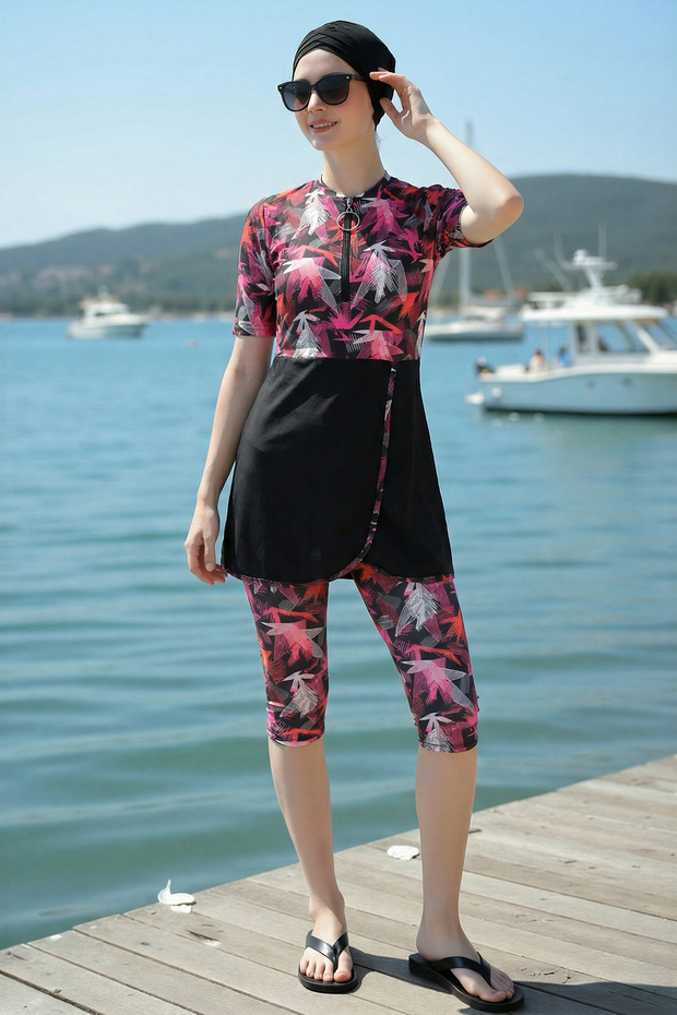 3-Piece Set Front Zipper Short Sleeve Knee-Length Leggings Burkini Water Repellent Fabric Semi-Tesettür Swimsuit D11