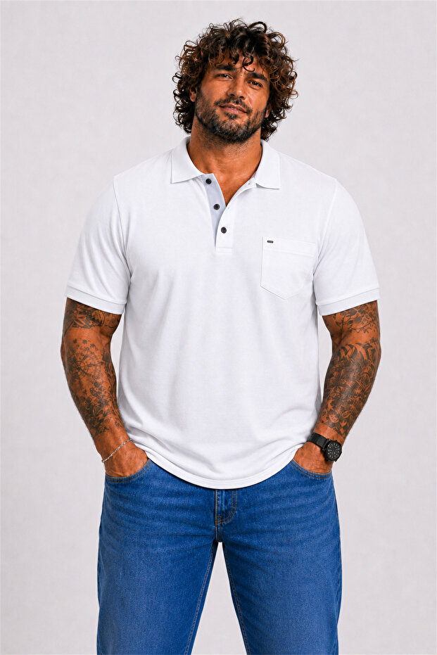 Men's Large Size Single Jersey Polo T-Shirt Classic Pocket 26402 White