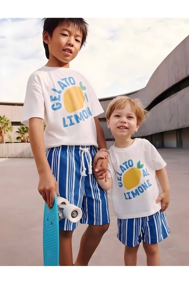Girls' and Boys' Striped Lemon Patterned Summer Cotton T-Shirt Shorts Set 2-10 Years