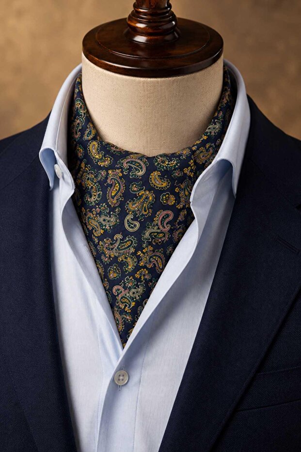 Navy Blue Pink Yellow Shawl Pattern Italian Silk Ascot Tie Sac127
