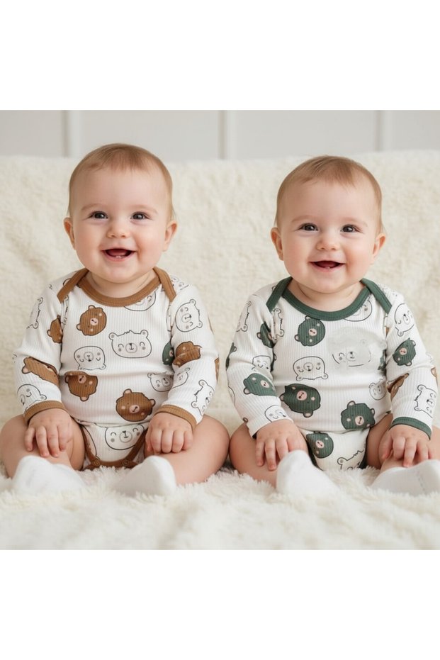 100% Cotton Stretchy Bodysuit with Bear Pattern for Babies and Children, Double Color, Two-Piece Set