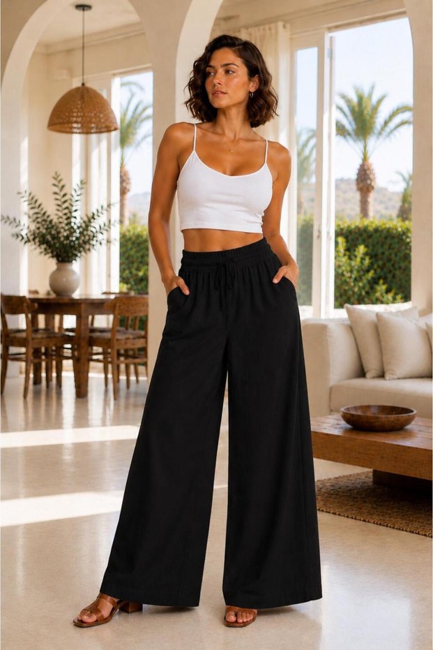 Women's Elastic Waist Linen Mixed Wide-Let Pants