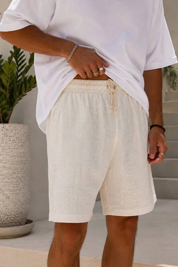 Men's Jacquard Elastic Waist Ecru Shorts Ls-93098