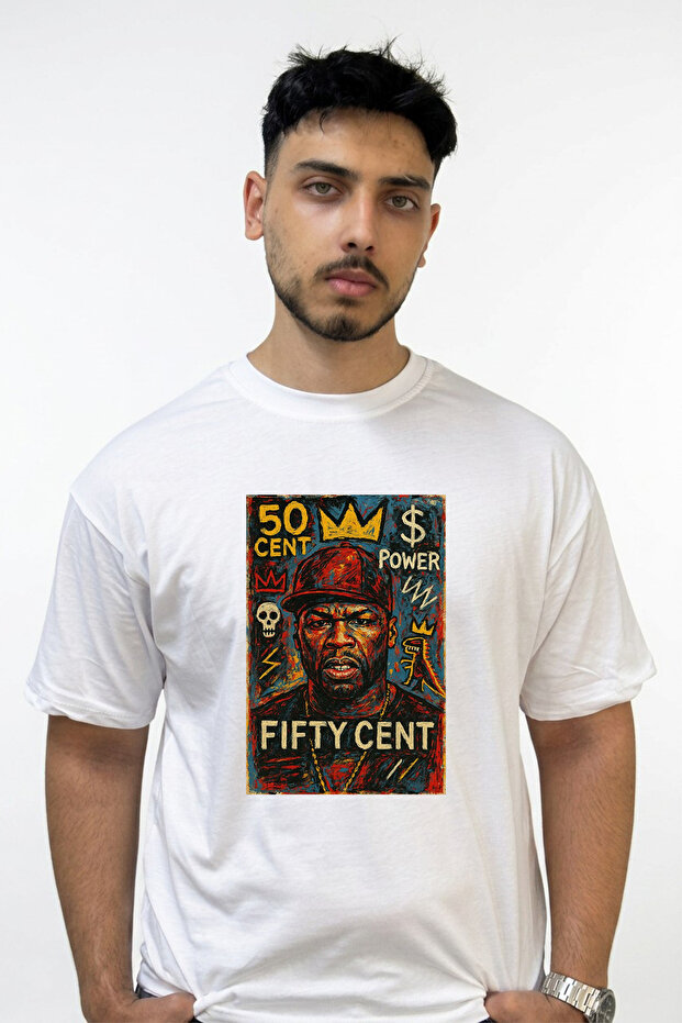50 Cent_9 Design Printed Oversize White T-Shirt