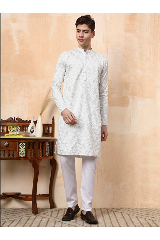 Mens White Silver Jari Work Cotton Kurta Set