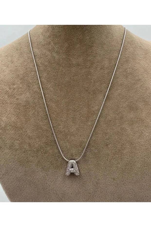 Accessory, Italian Chain with Zircon Stones Minimal Chubby Letter Silver Steel Necklace - Letter a