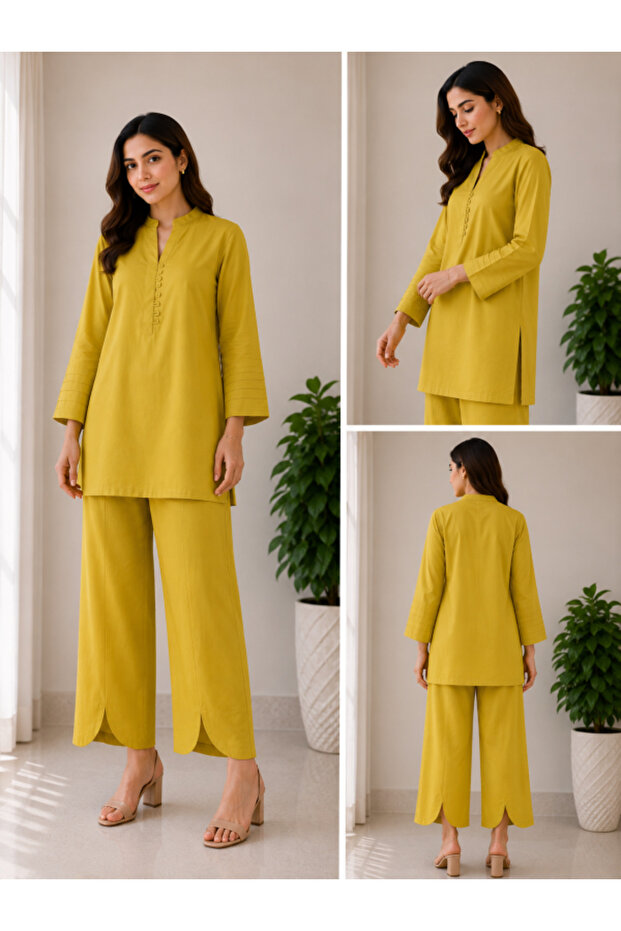 - Cotton Blend Co-Ord Set – Mustard Yellow - Mandarin Collar Tunic with Wide Leg Pants