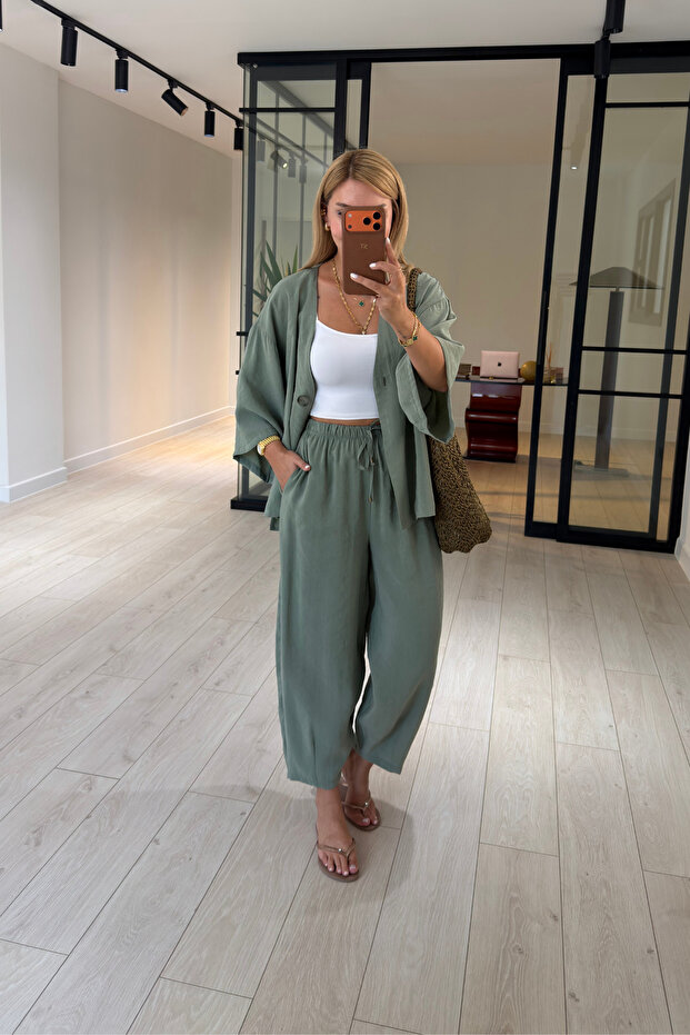 Single Button Shirt/Slouchy Pants Khaki Tencel Modal Set