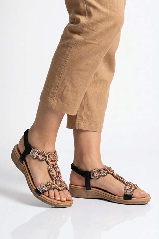 Black Patterned Embroidered Women's Flat Sandals