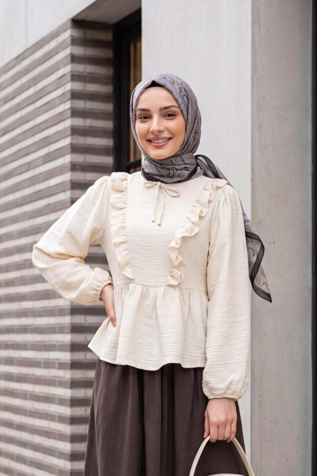 Tie-Neck, Ruffled Front, Elastic Sleeves Crinkle Blouse - Cream