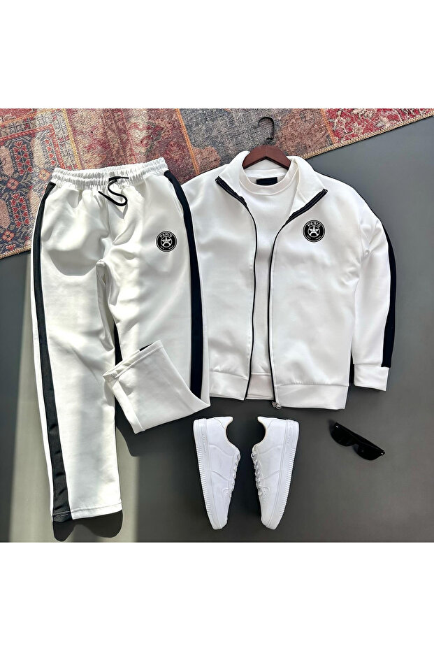Men's Baggy Scuba Tracksuit Set Paris Logo Striped Jacket and Pants 2-Piece