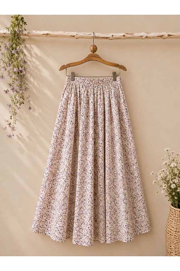Cream-Purple Floral Flared Skirt