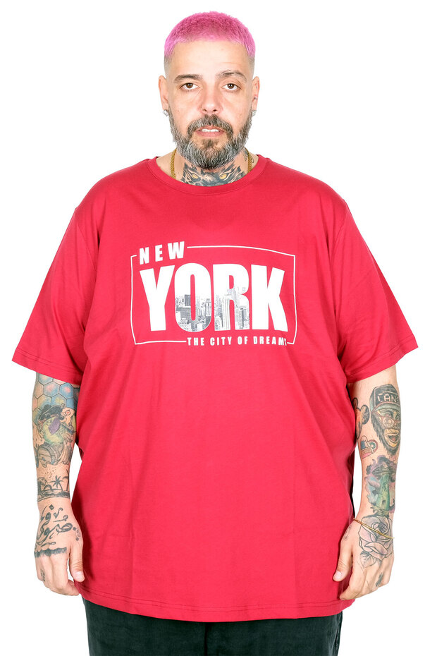 Mode XL Large Size T-Shirt with Bis Collar New York U26119 Bordo