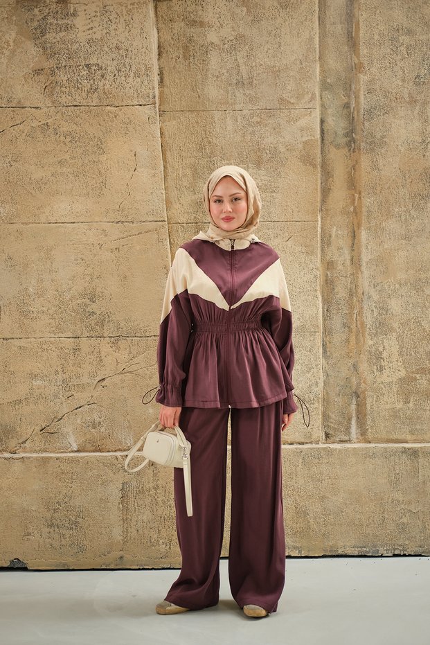 Women's Double Color Detailed Hooded Parachute Suit Plum