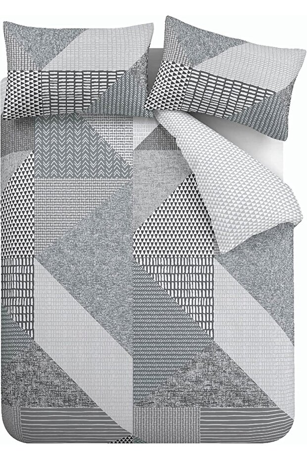 Larsson Geo Reversible Double Duvet Cover Set with Pillowcases Grey