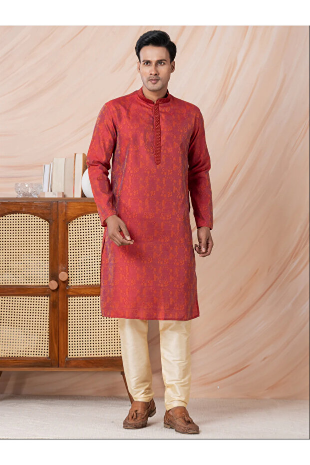 Mens Self Design Jacquard Silk Kurta Set