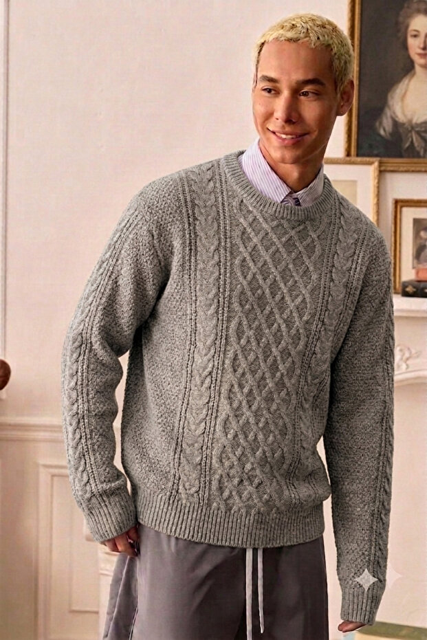 Men's Hair Knit Sweater - Acrylic Cotton Crew Neck Regular Cut