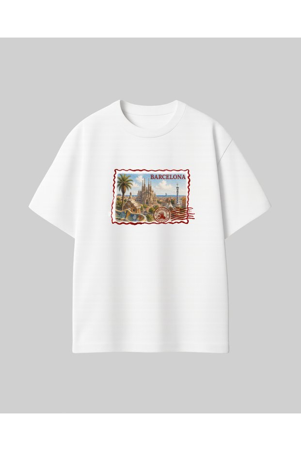 Barcelona Postcard City Print 100% Cotton Unisex Oversize T-Shirt