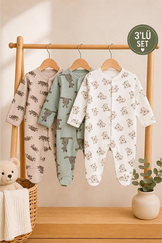 Animal Patterned 100% Cotton Baby Boy Romper Set 3-Piece 3-6-9 Months