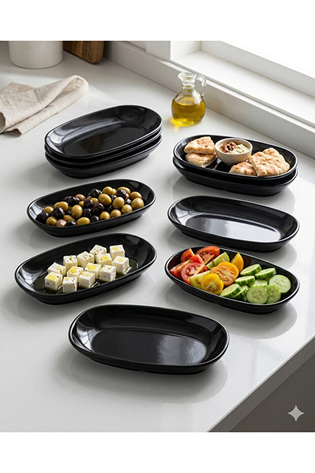 12 Pieces 12X7 cm Melamine Oval Boat Breakfast Plate Machine Washable Black Serving Plate