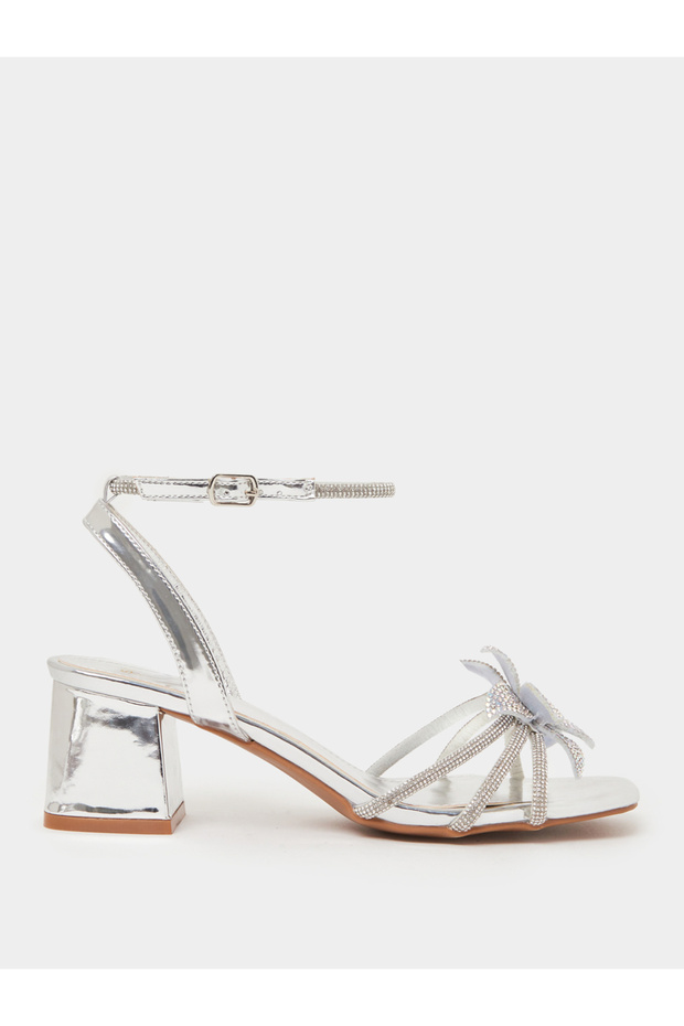 Silver Flower Trim Block Heel Sandals