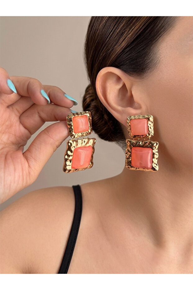 Salmon Pink Square Stone Gold Color Geometric Earrings