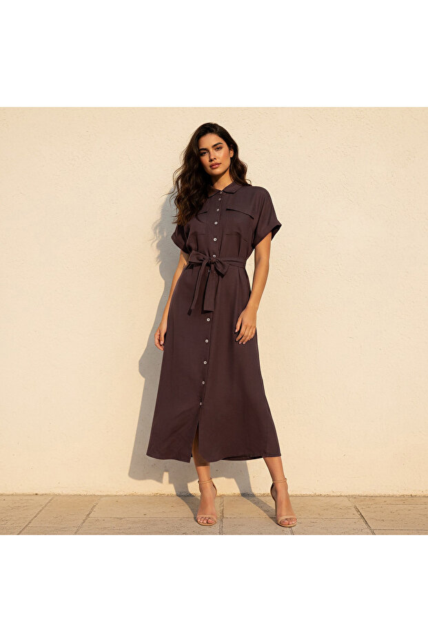 Midi Linen Blend Shirt Dress with Tie-Up Belt