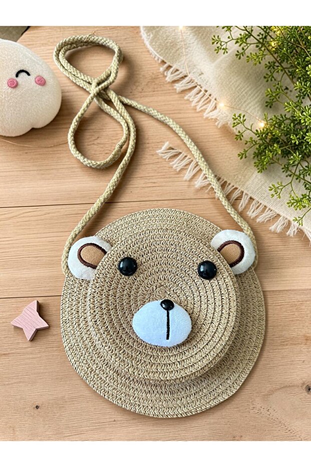 Children's Teddy Bear Straw Shoulder Bag Cute Mini Bag with Cross Strap